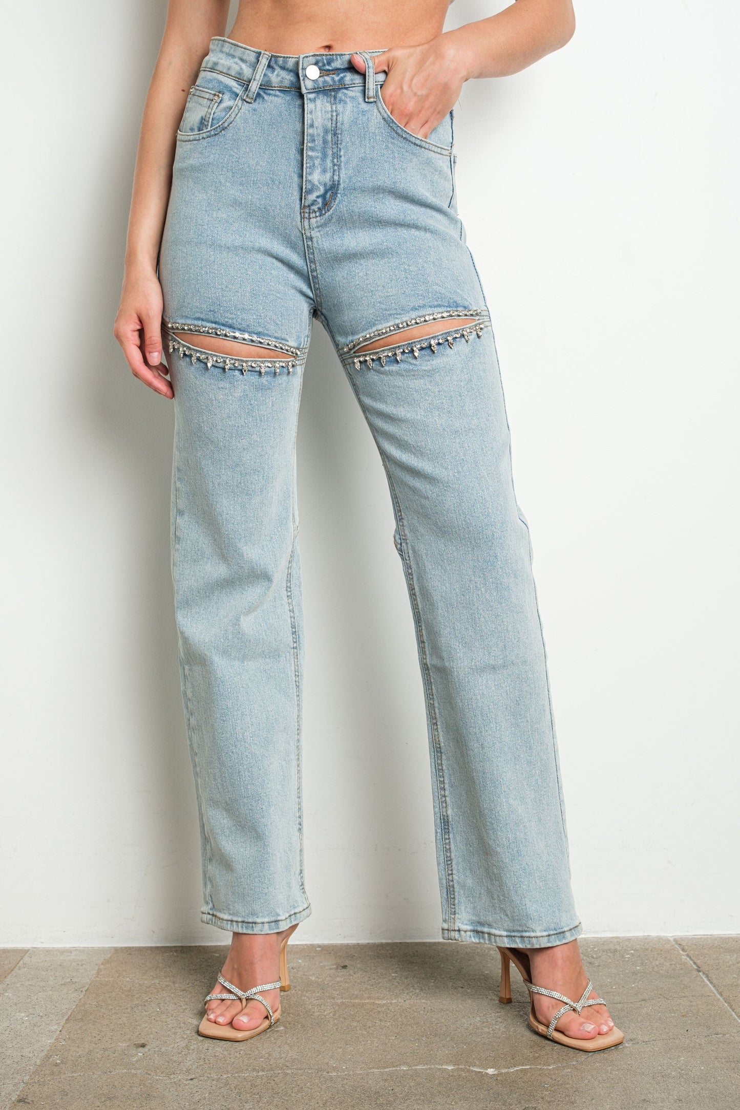 Split Rhinestone Detail Stretch Denim (2 Color Options)