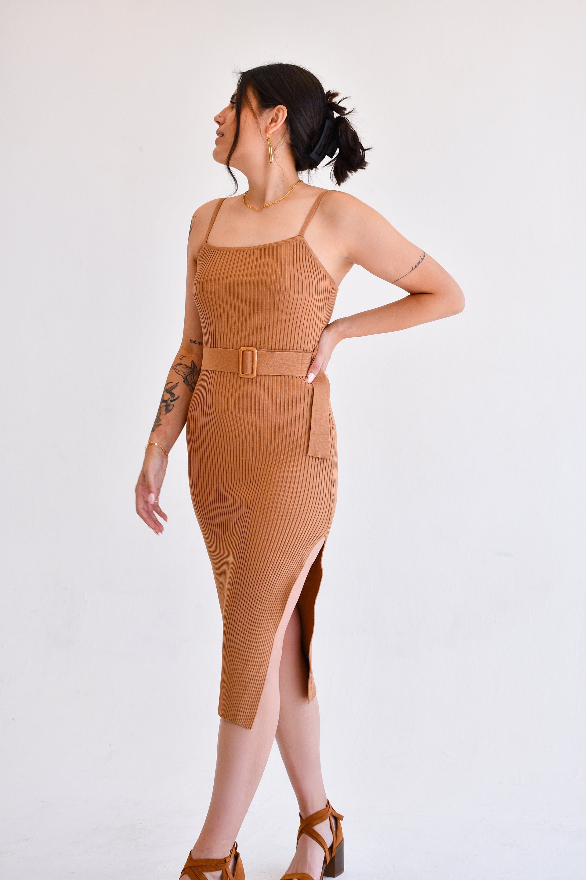 ribbed belted midi dress Beige Sleeveless Ribbed Belted Midi Maternity Dress