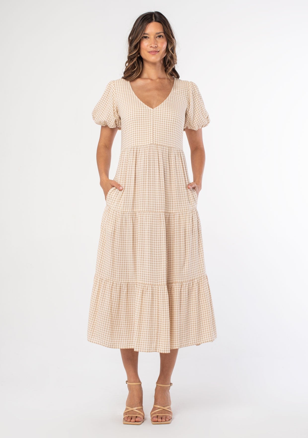 Gingham Linen Puff Sleeve Midi Dress