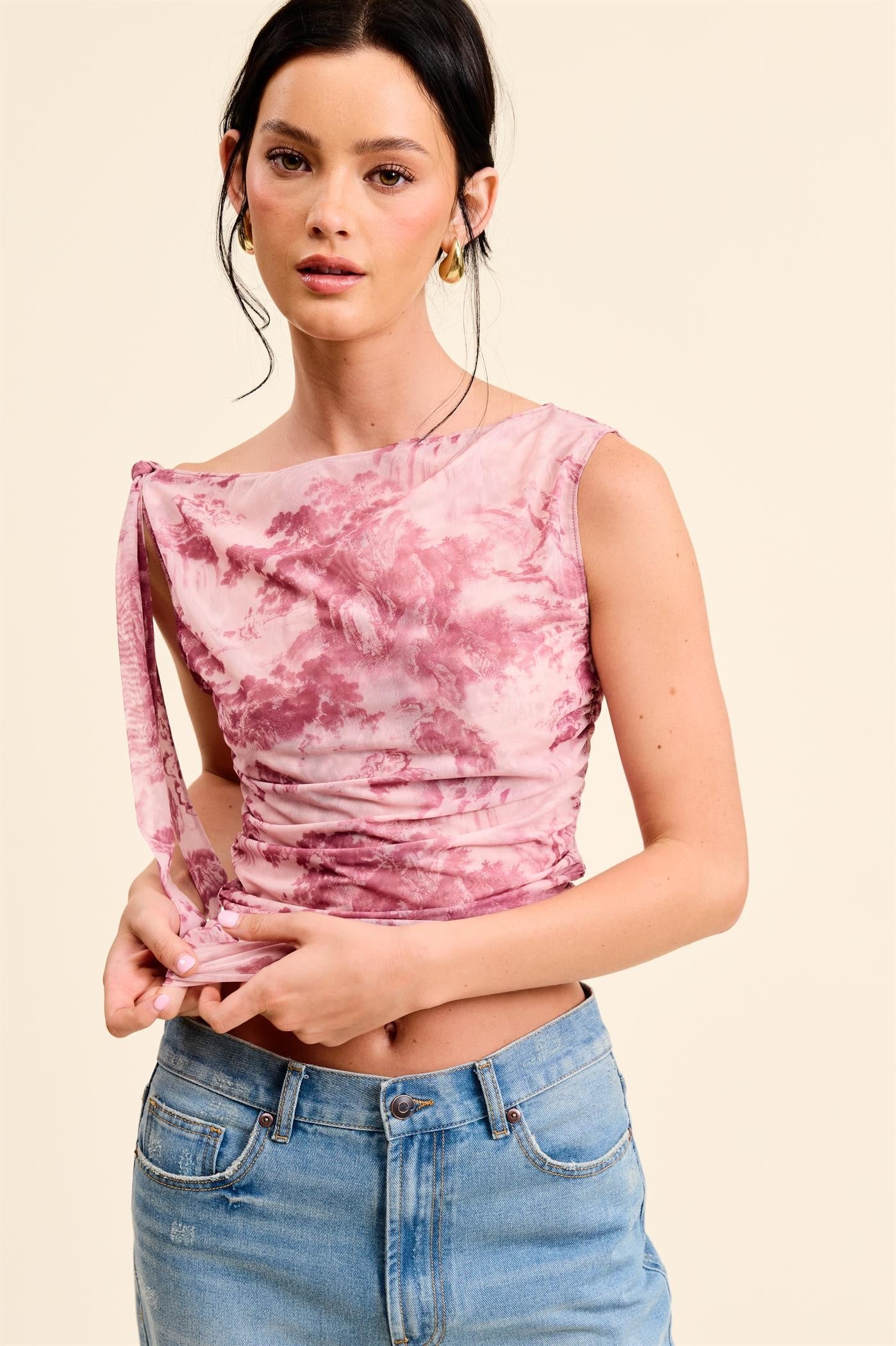 Berry Watercolor Print Tie Top