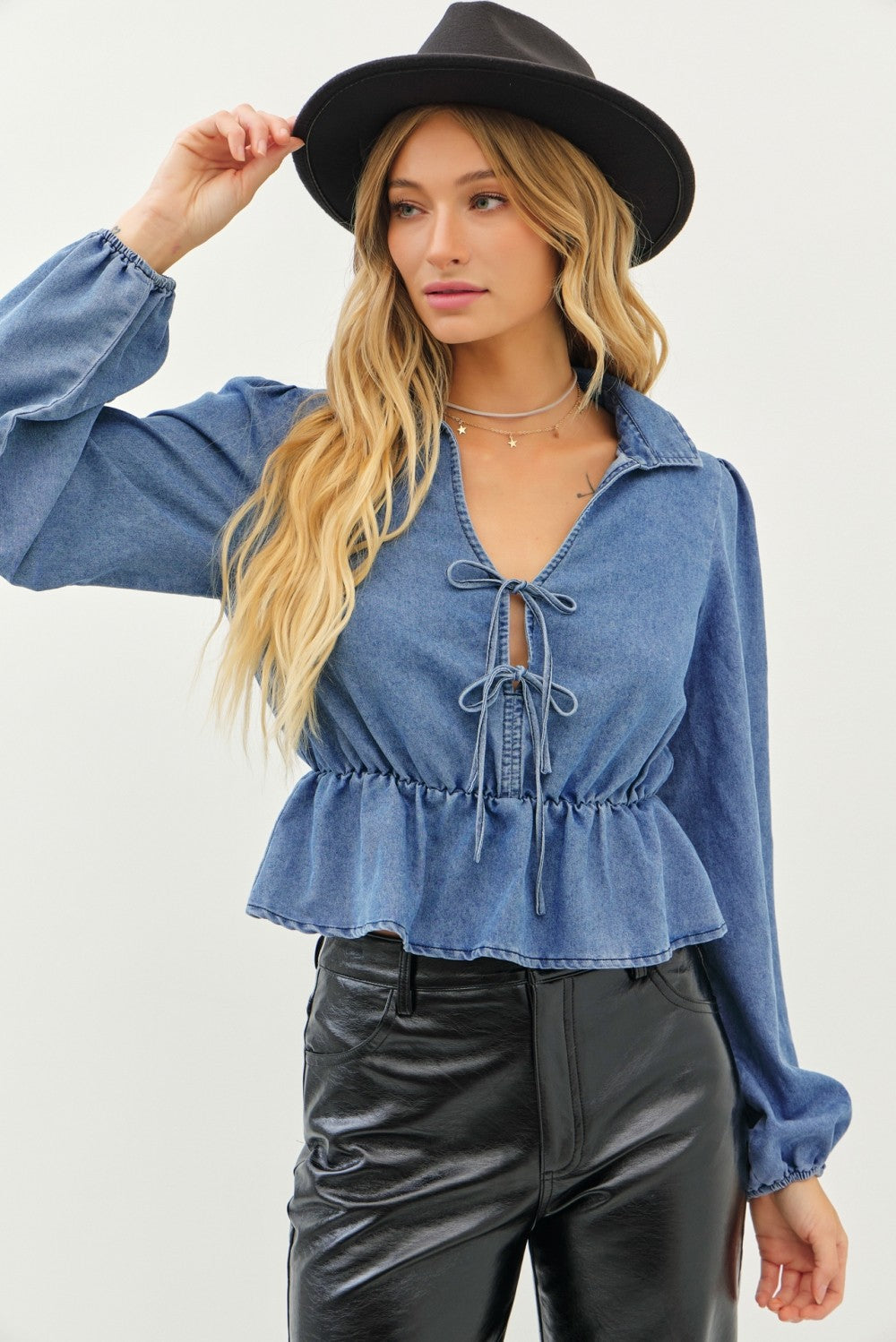 Long Sleeve Denim Tie Top