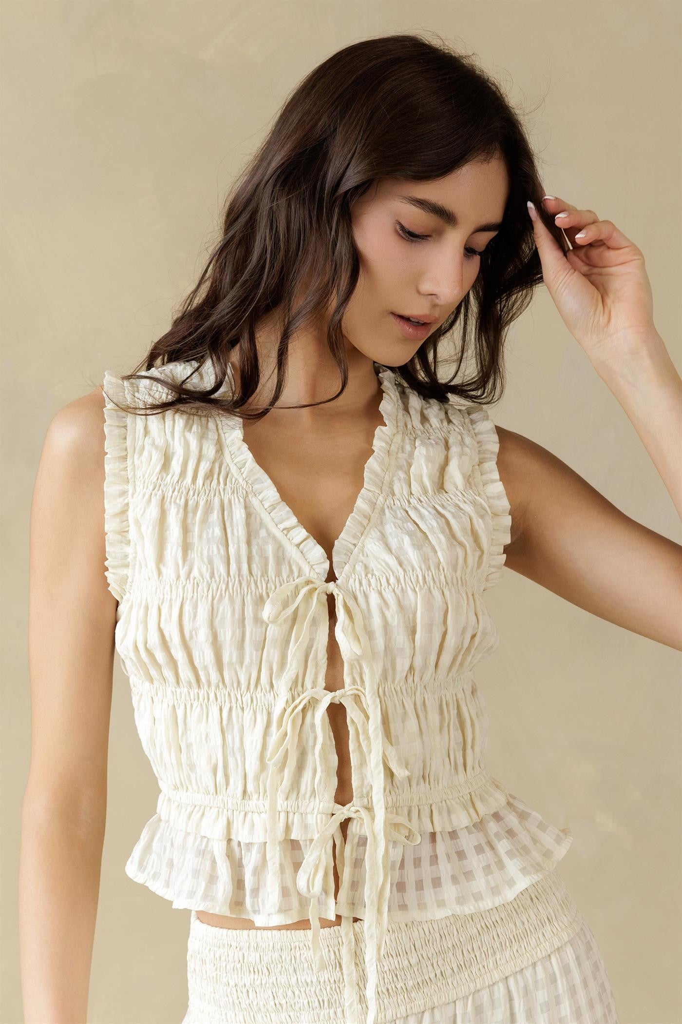 Cream Gingham Flutter Top