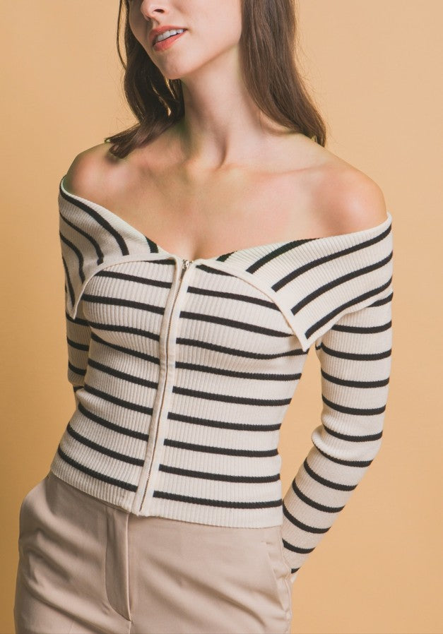 Stripe Off Shoulder Zip Top