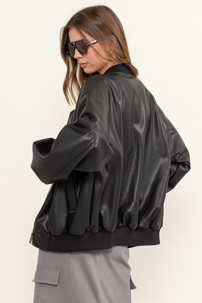 Faux Leather Oversize Bomber Jacket