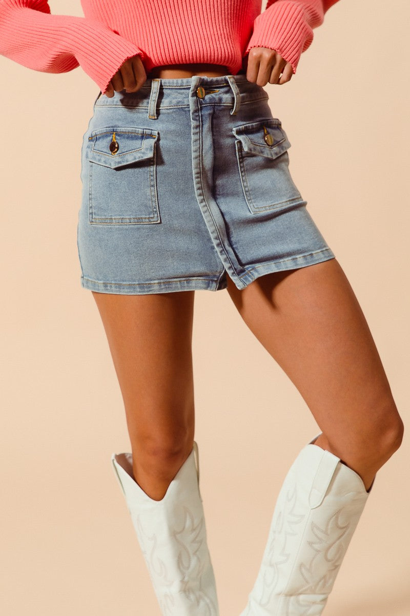 Denim Front Pocket Mini Skirt