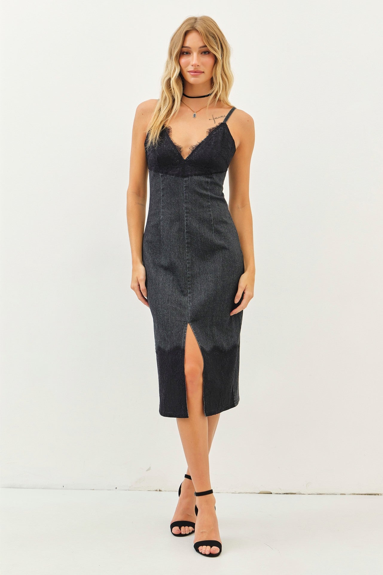 Washed Denim Lace Trim Midi Dress