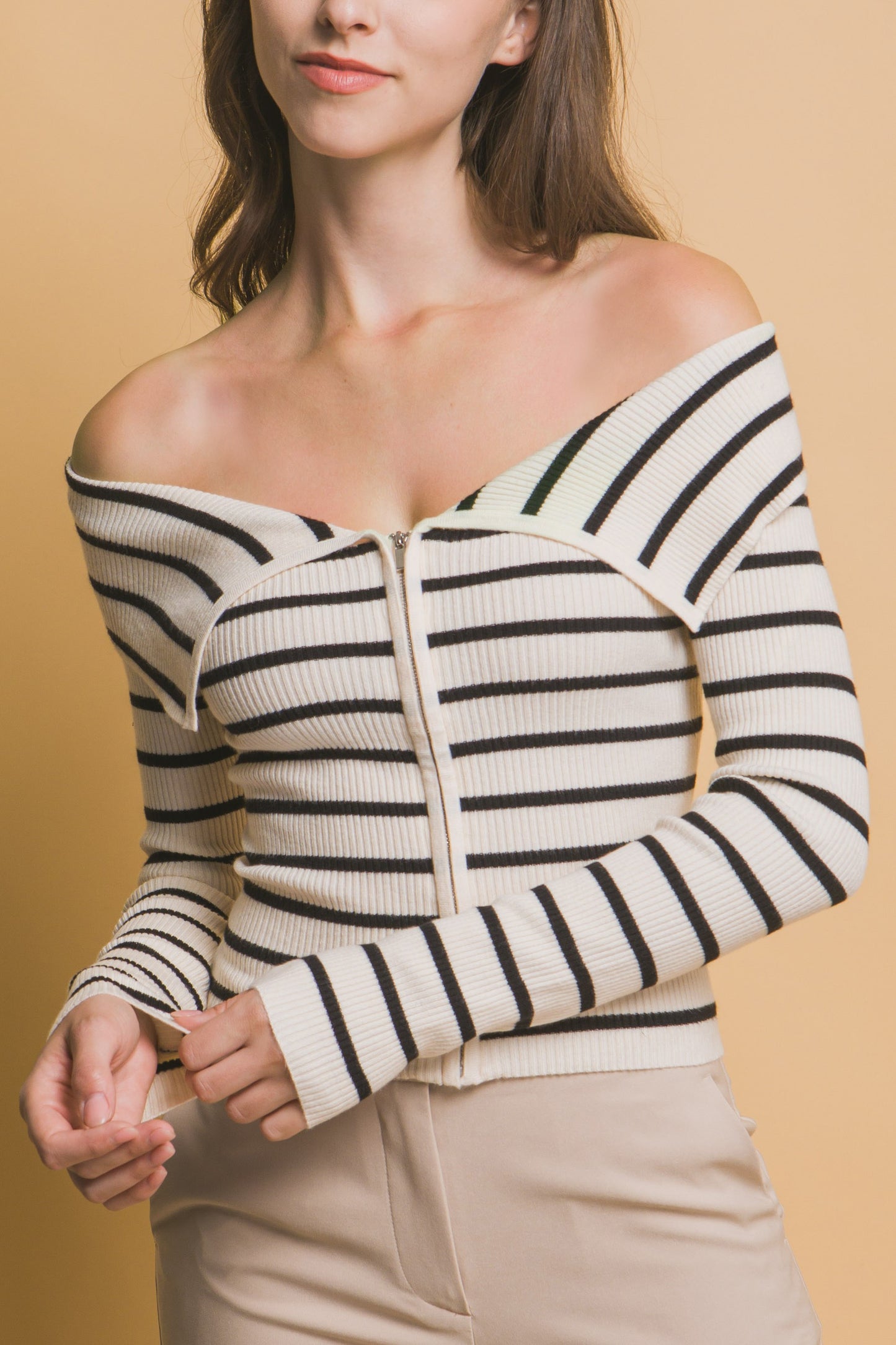 Stripe Off Shoulder Zip Top