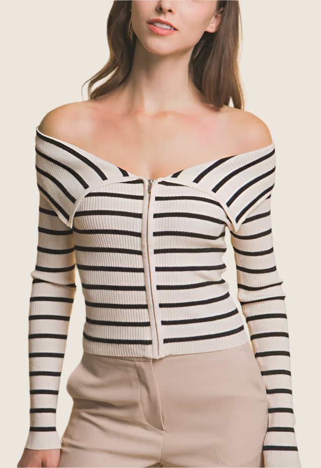 Stripe Off Shoulder Zip Top