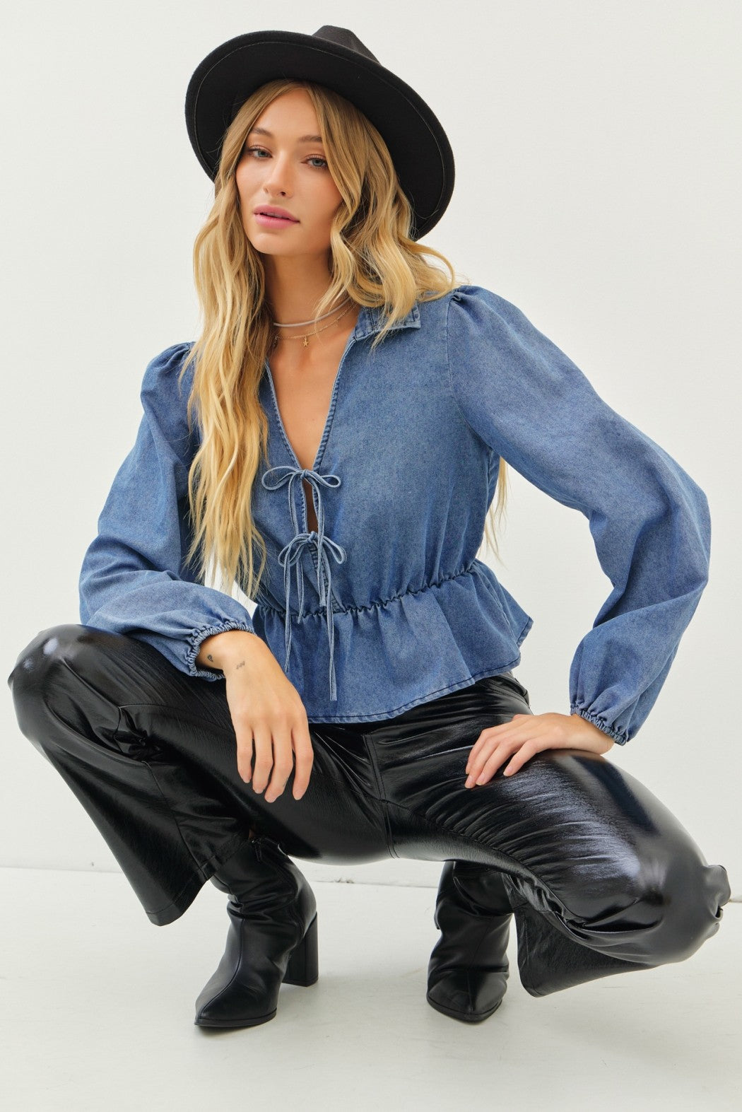 Long Sleeve Denim Tie Top