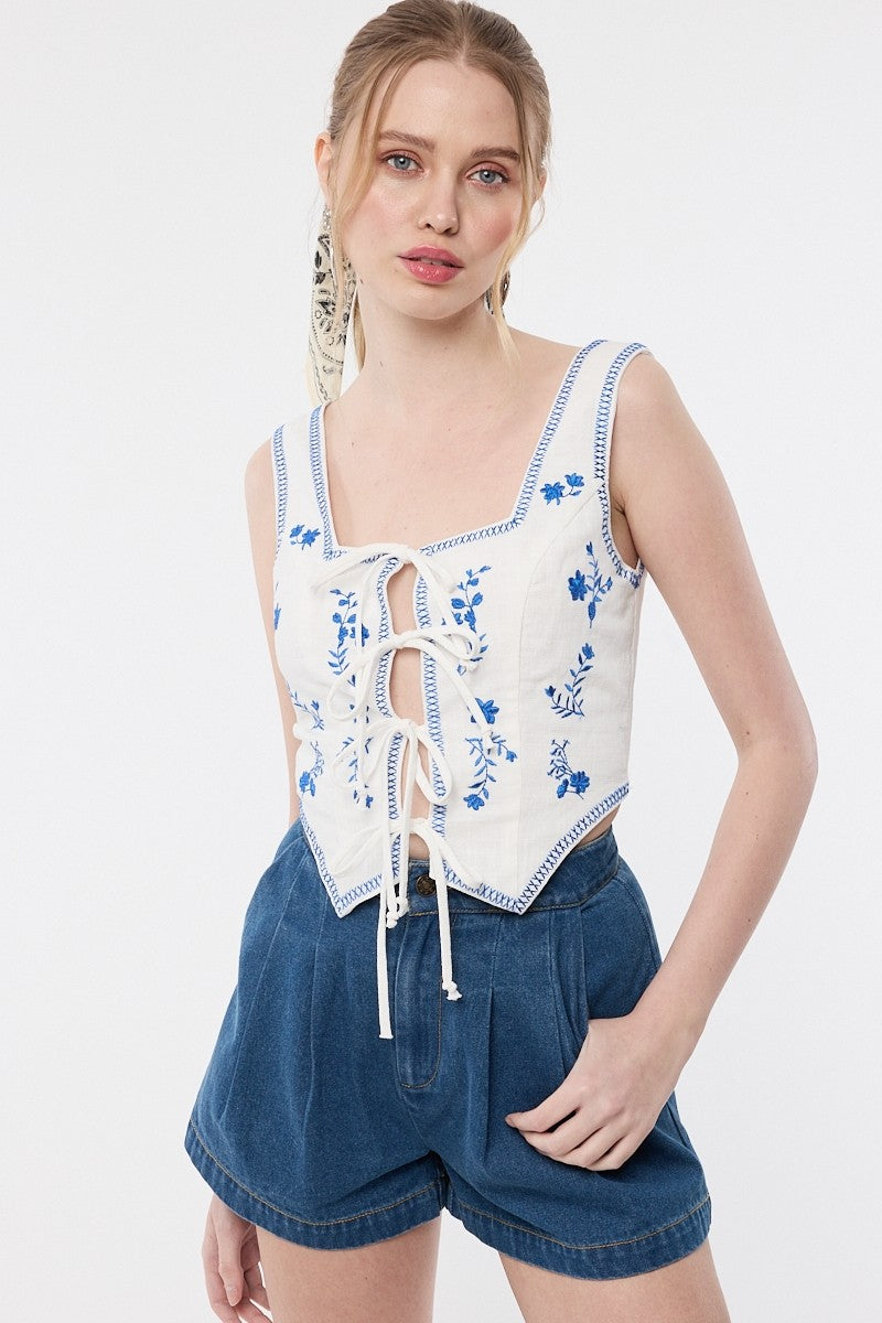 Floral Embroidered Detail Ties Top