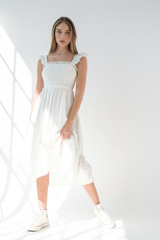 White Flutter Sleeve Midi Dress
