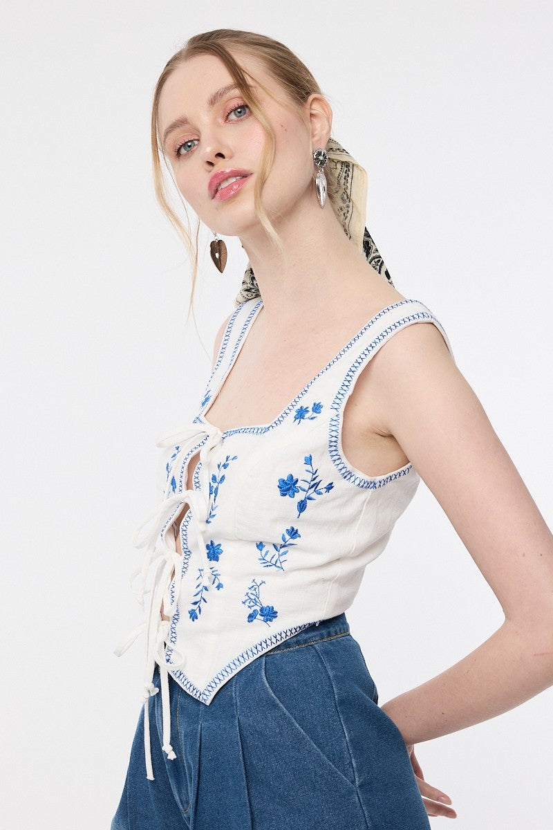 Floral Embroidered Detail Ties Top