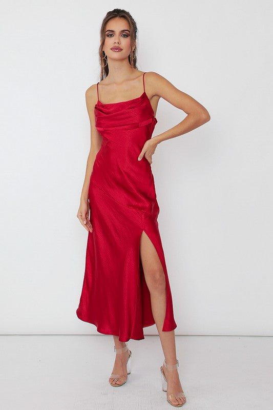 Satin Side Slit Midi Dress (shipping only)