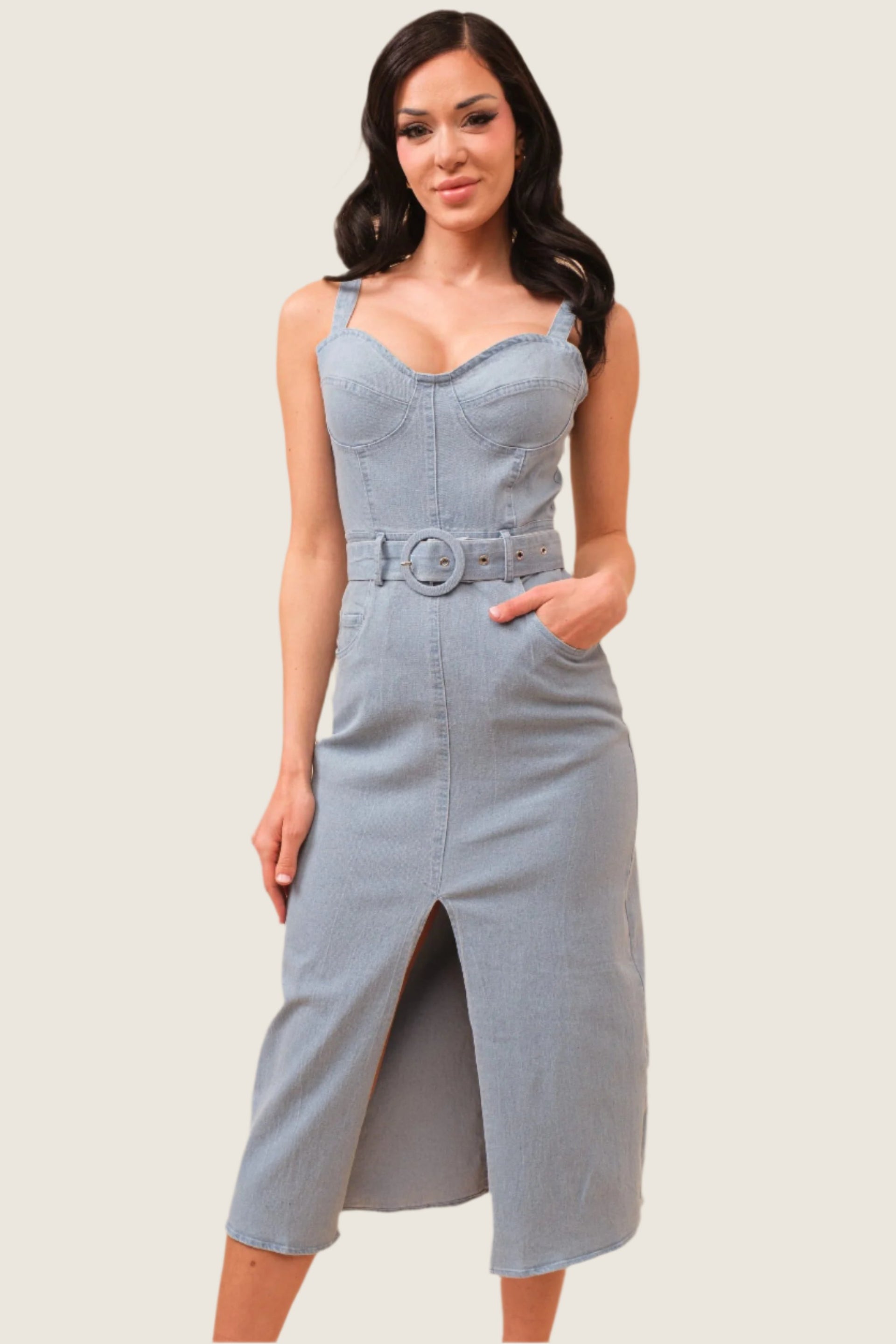 denim bustier midi dress Denim Bustier Dress - Medium Wash