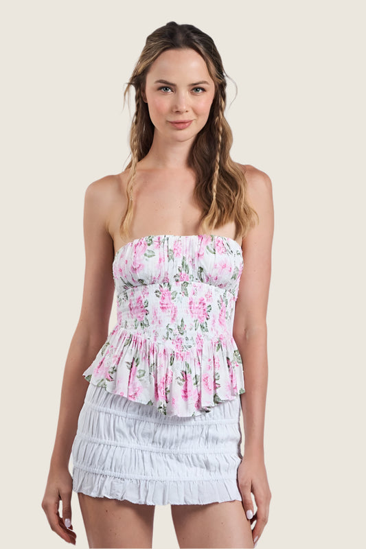 Floral Back Tie Ruffle Tube Top
