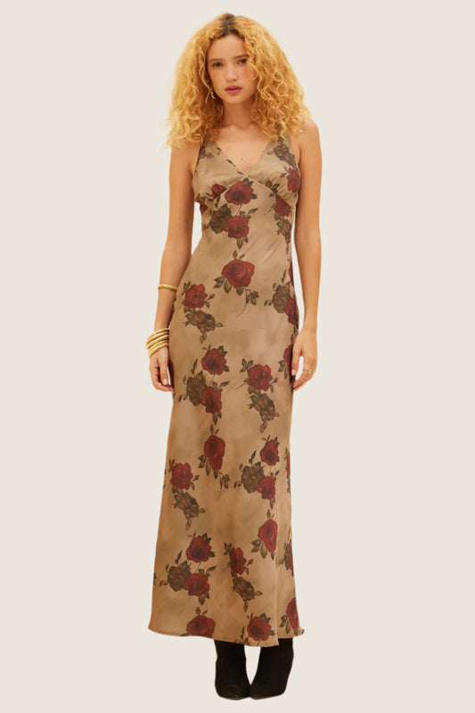 Dark Floral Satin Maxi Dress