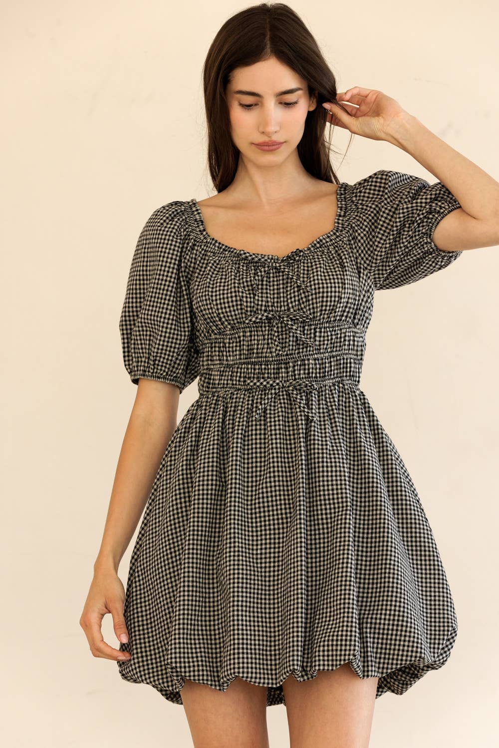 Black Gingham Puff Sleeve Mini Dress