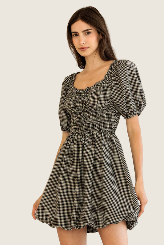 Black Gingham Puff Sleeve Mini Dress