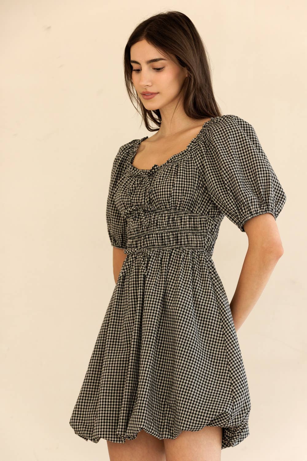 Black Gingham Puff Sleeve Mini Dress
