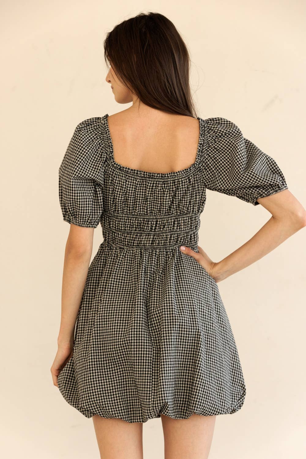 Black Gingham Puff Sleeve Mini Dress