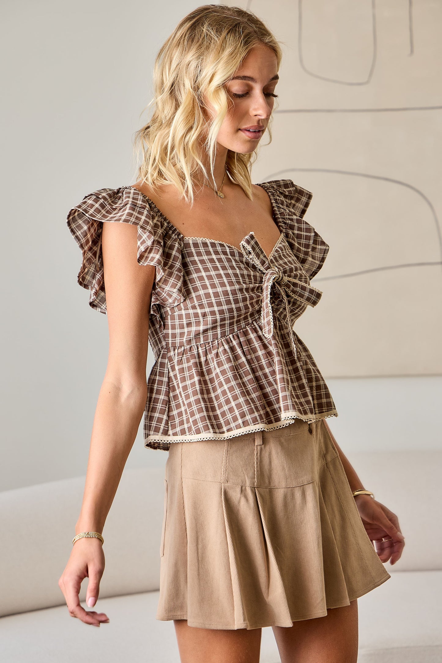 Plaid Brown Flutter Sleeve Top