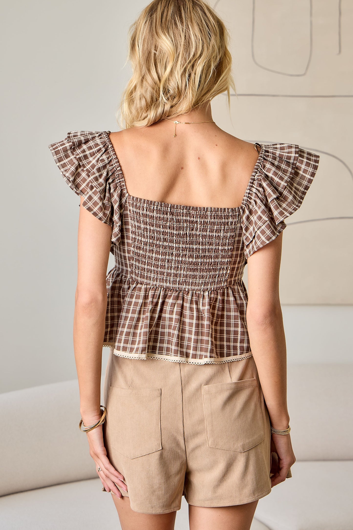 Plaid Brown Flutter Sleeve Top