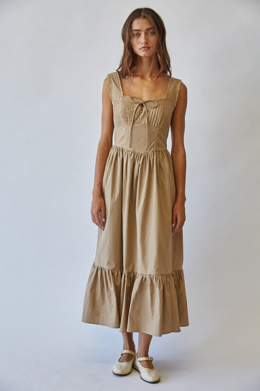 Taupe Cotton Tie Detail Maxi Dress