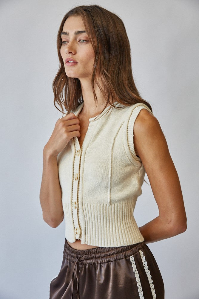 Natural Roll Up Neck Sweater Vest Top