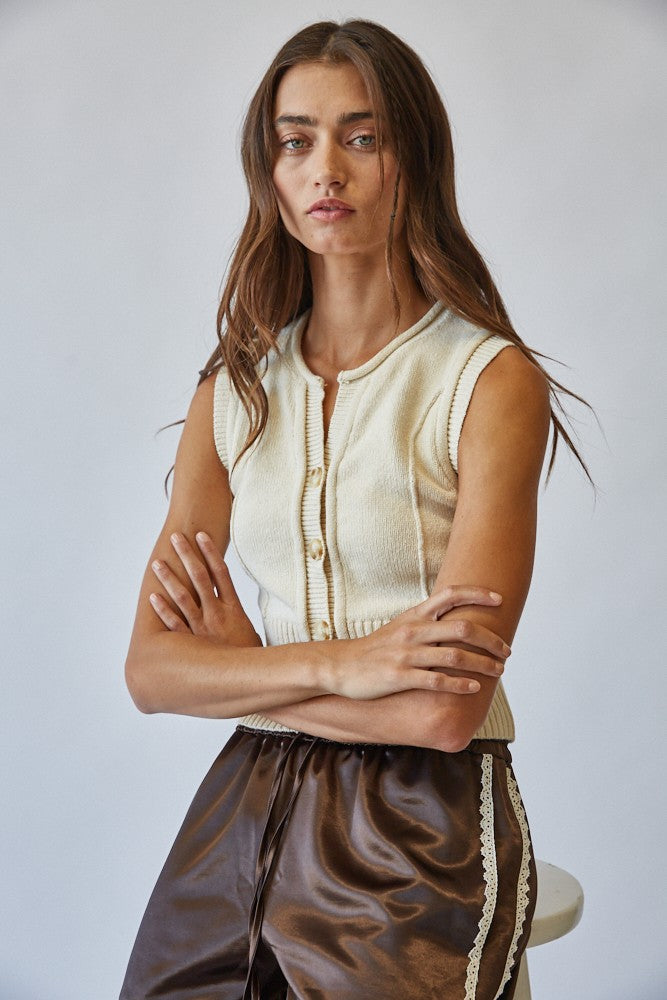 Natural Roll Up Neck Sweater Vest Top