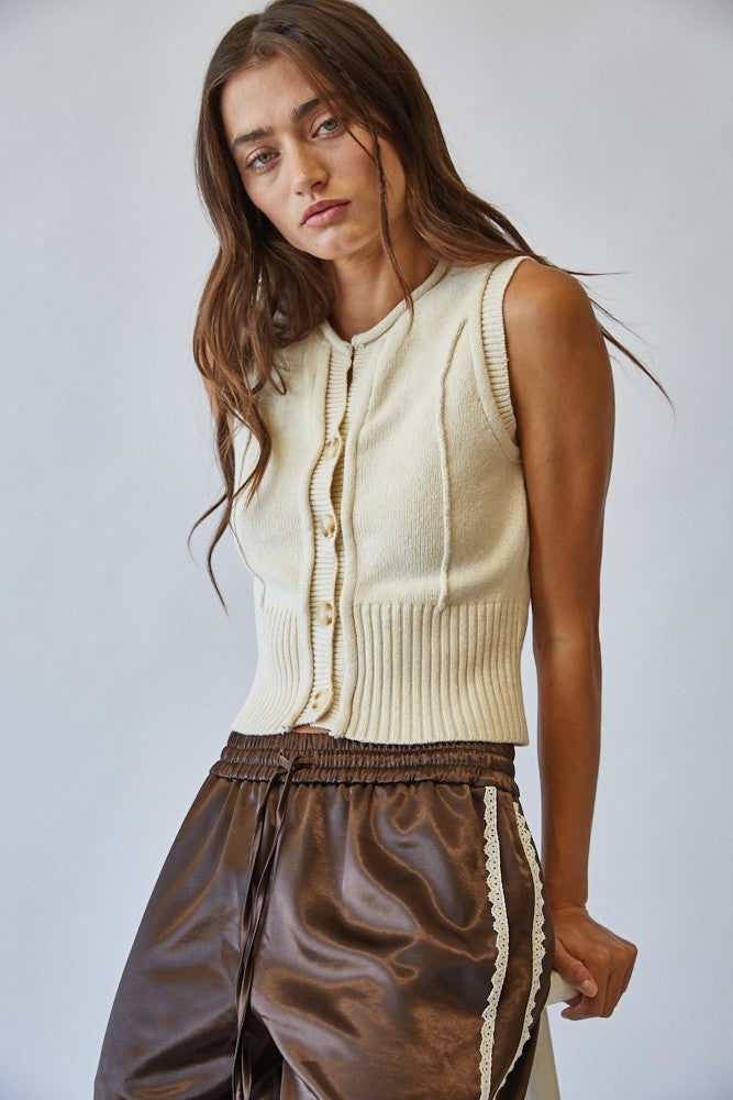Natural Roll Up Neck Sweater Vest Top