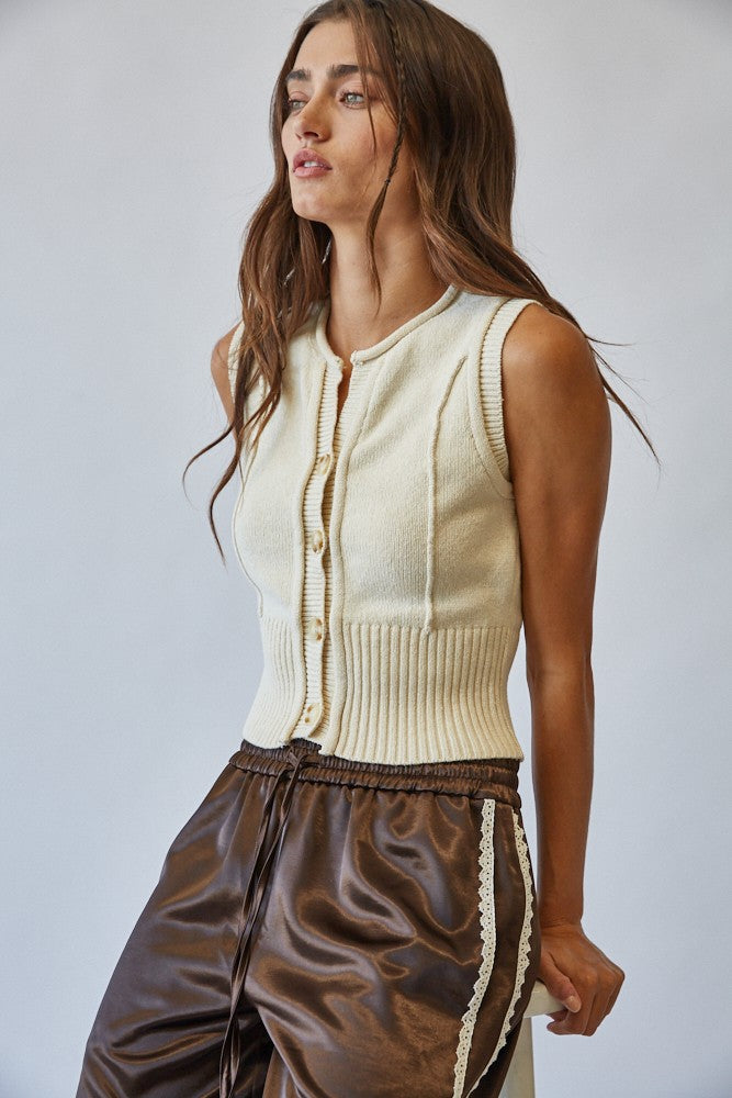 Natural Roll Up Neck Sweater Vest Top