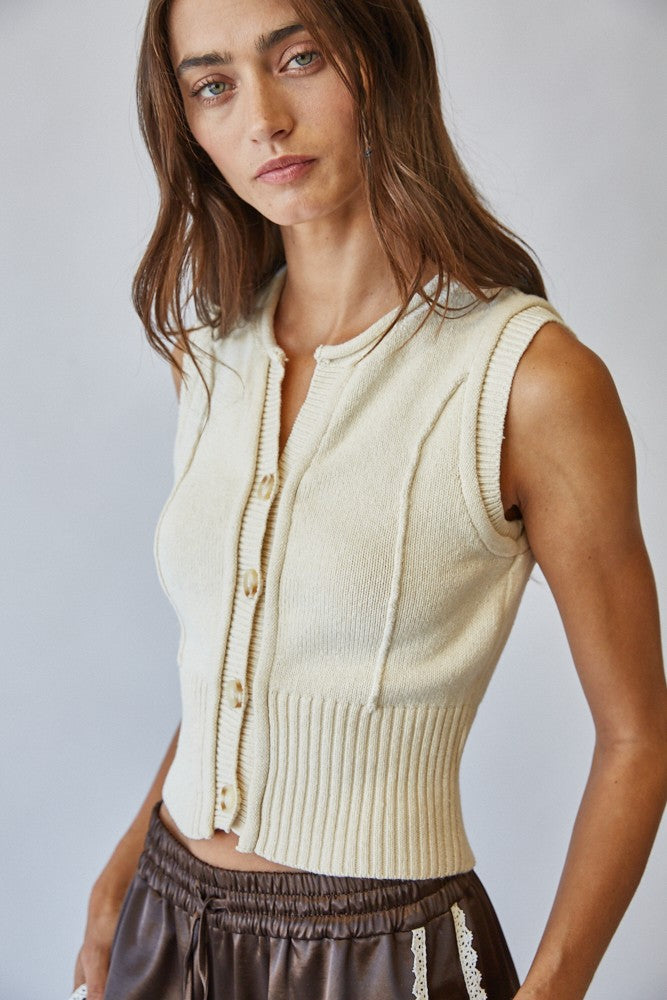 Natural Roll Up Neck Sweater Vest Top