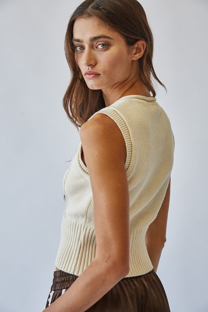 Natural Roll Up Neck Sweater Vest Top