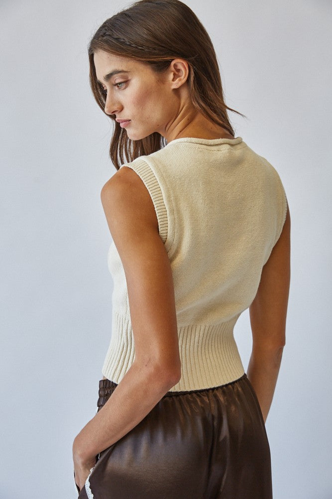 Natural Roll Up Neck Sweater Vest Top