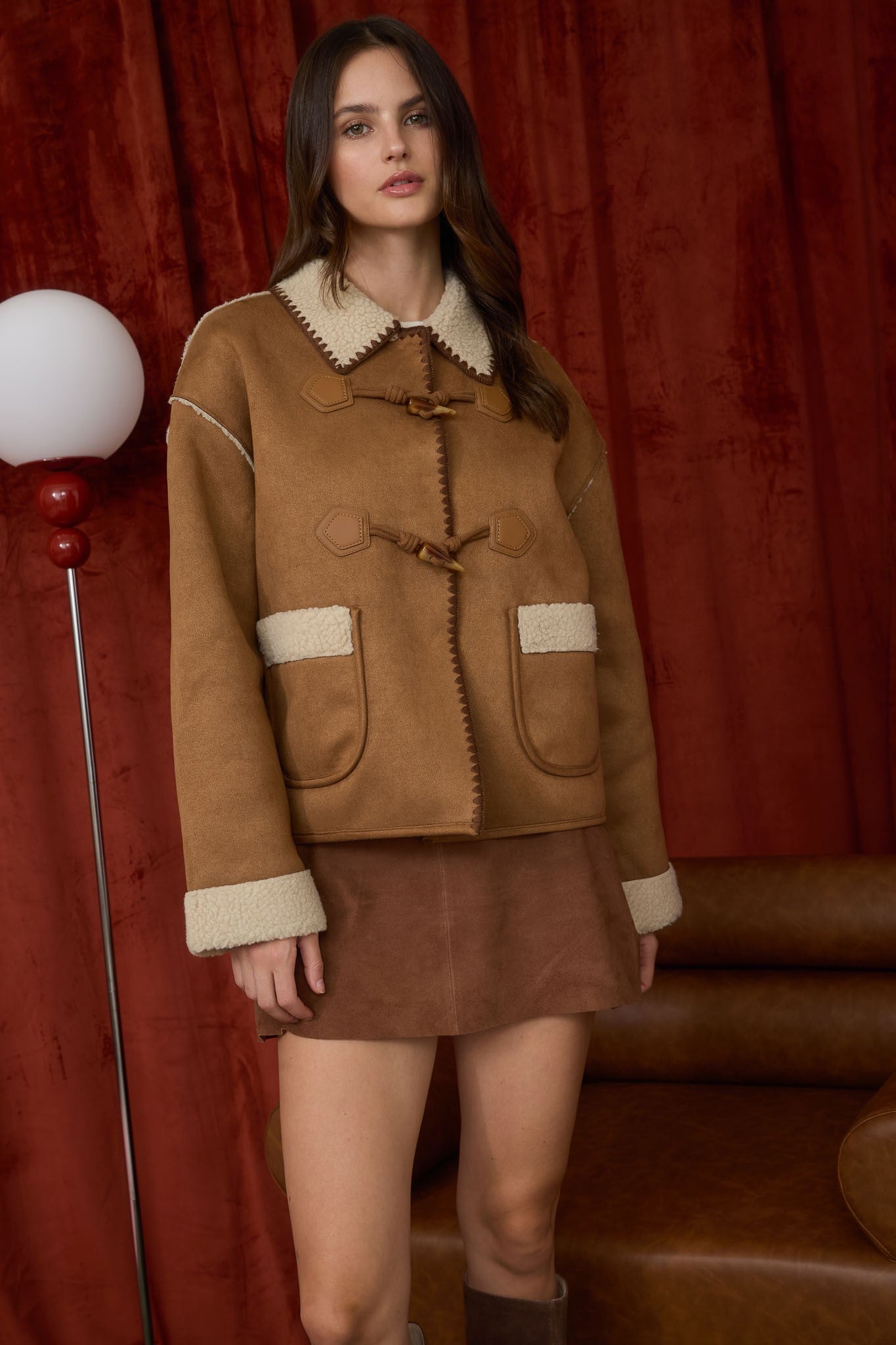 Faux Shearing Suede Toggle Button Jacket