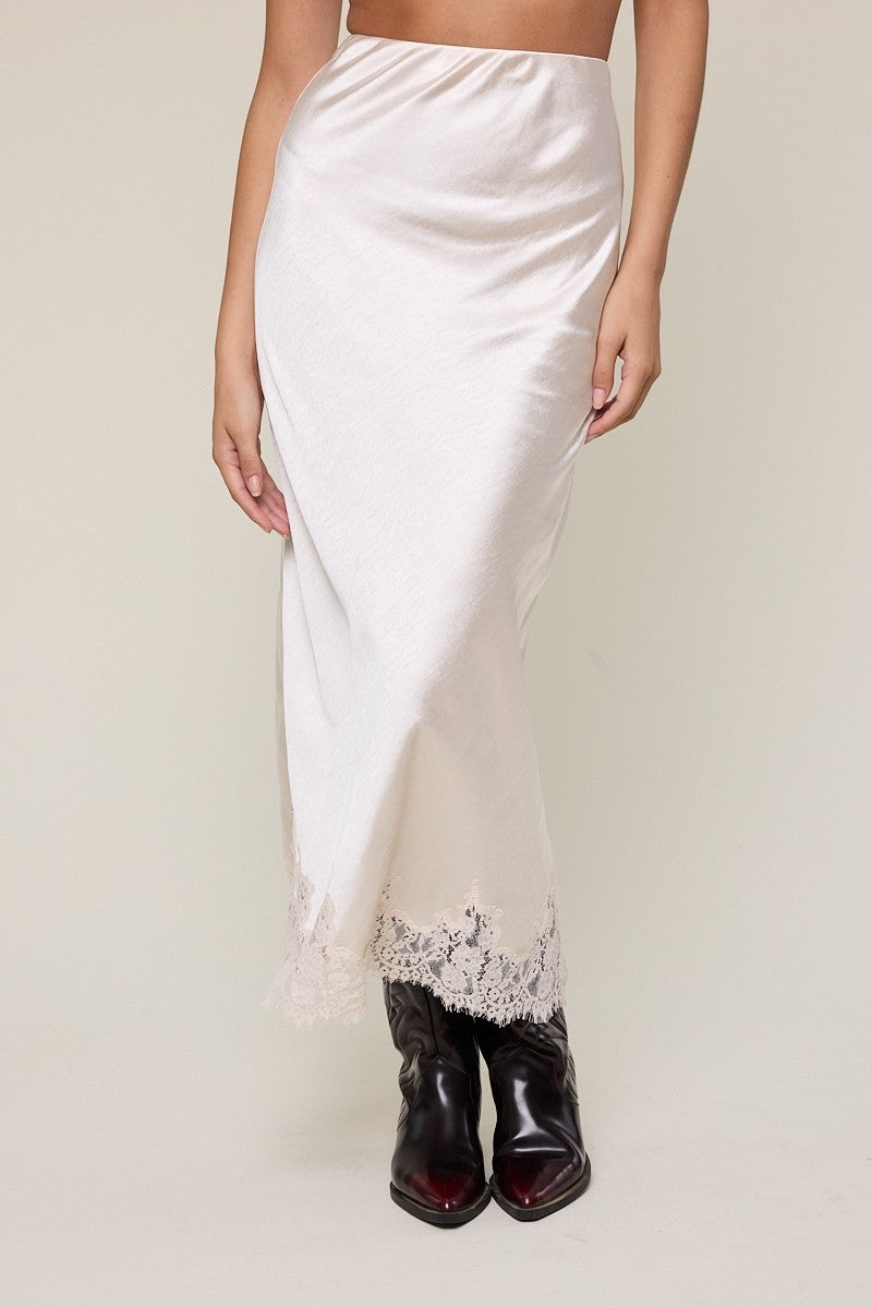 Satin Elastic Waist Lace Midi Skirt