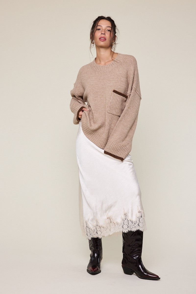 Satin Elastic Waist Lace Midi Skirt