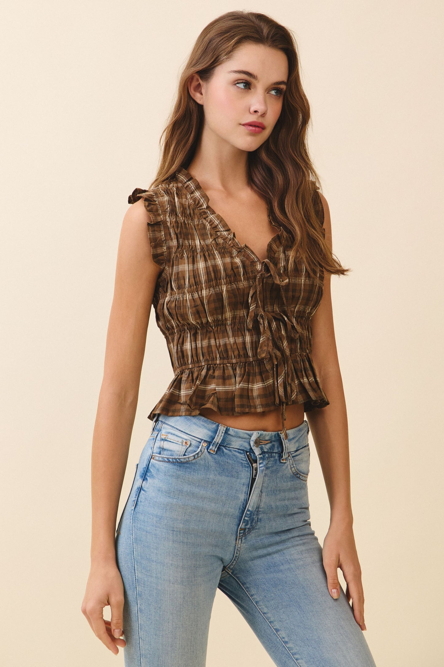 Plaid Ruched Smocked Bodice Sleeveless Top