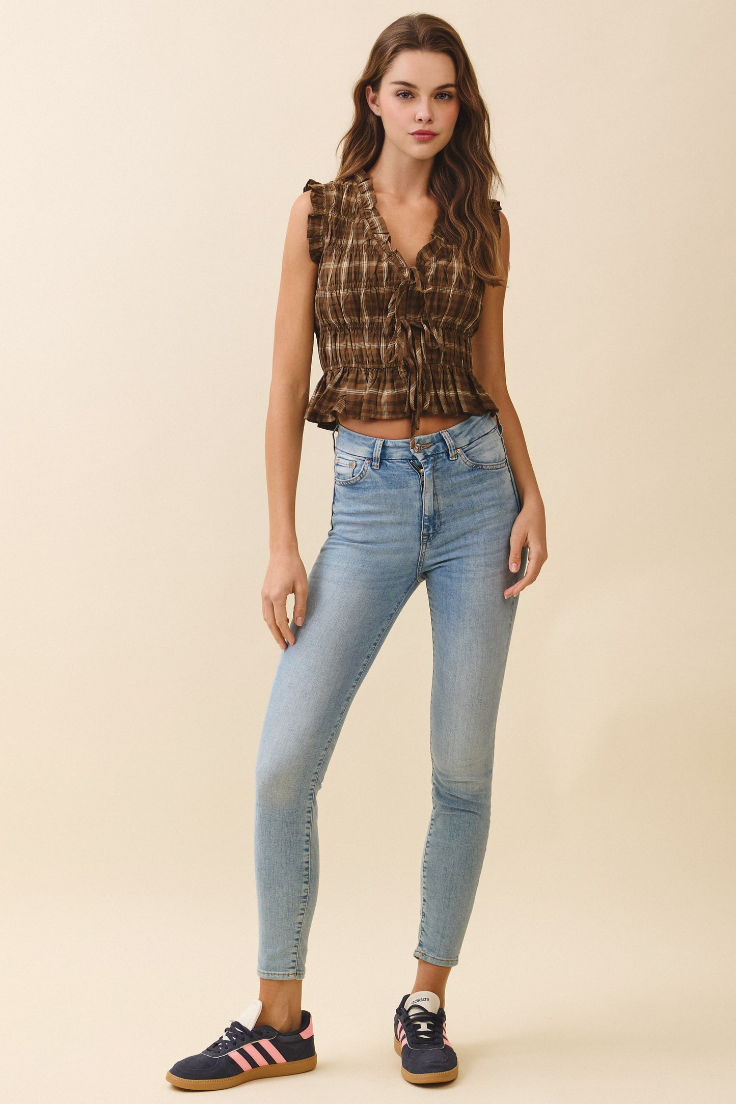 Plaid Ruched Smocked Bodice Sleeveless Top