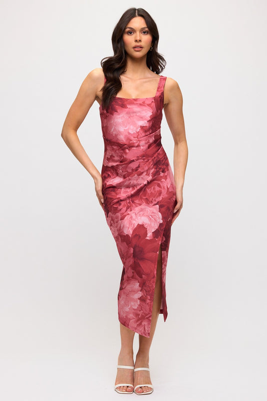 Blush Red Floral Pleated Wrap Dress