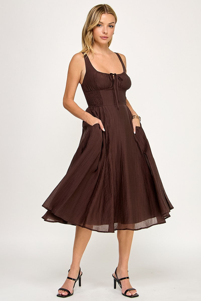 Brown Smocked Midi Dress