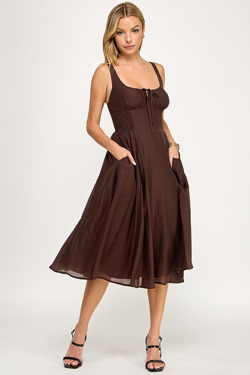 Brown Smocked Midi Dress