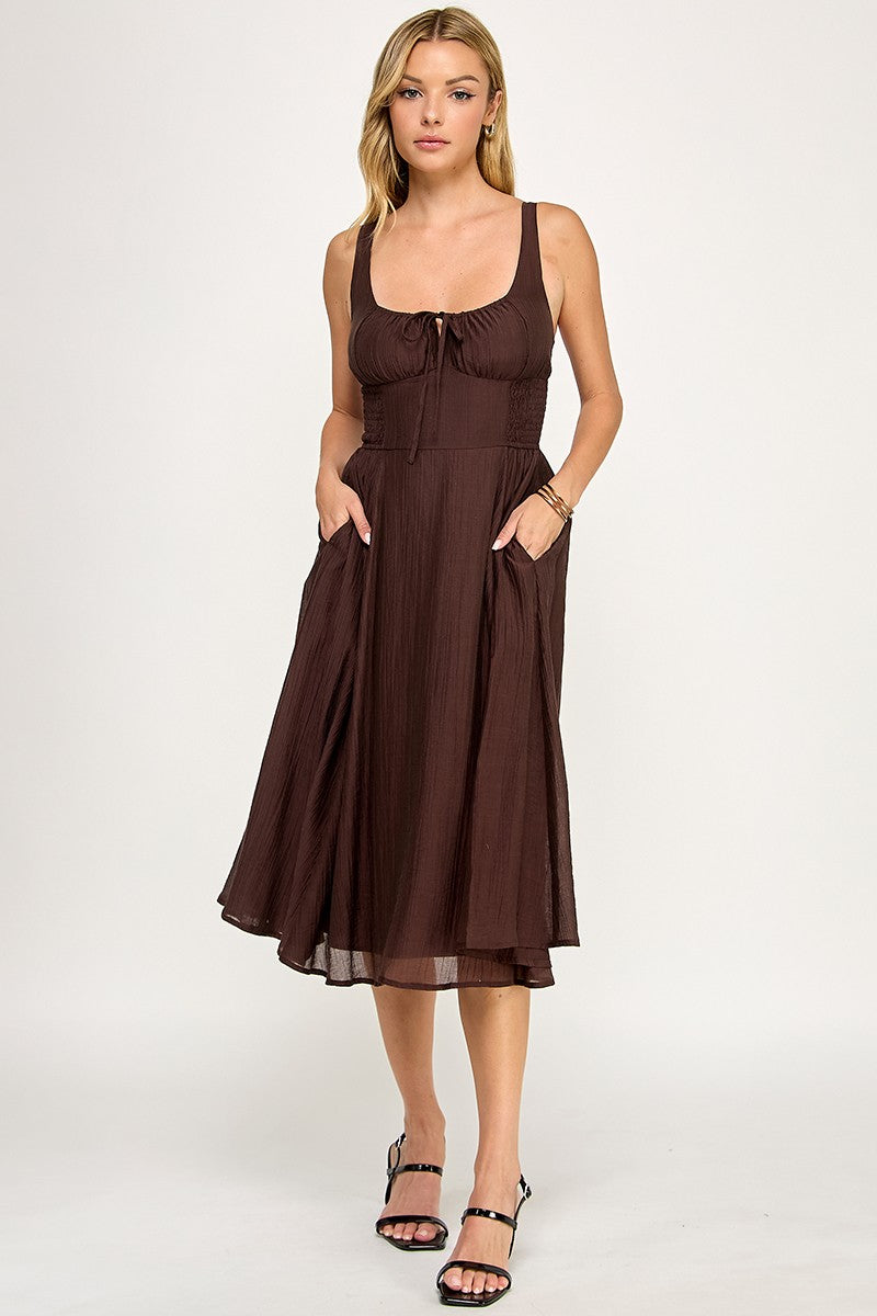 Brown Smocked Midi Dress