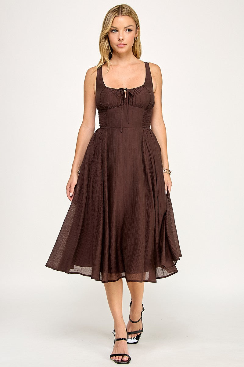 Brown Smocked Midi Dress