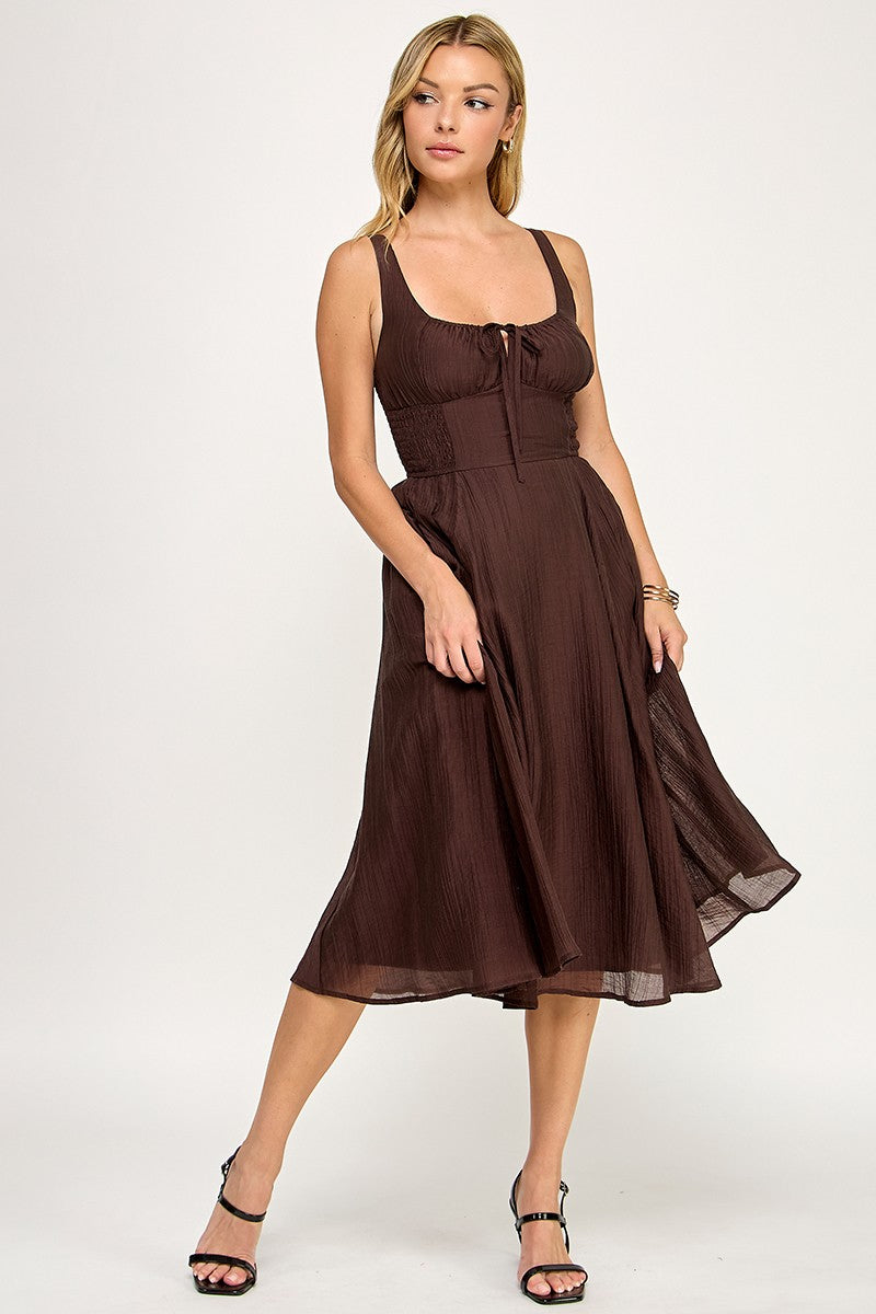 Brown Smocked Midi Dress