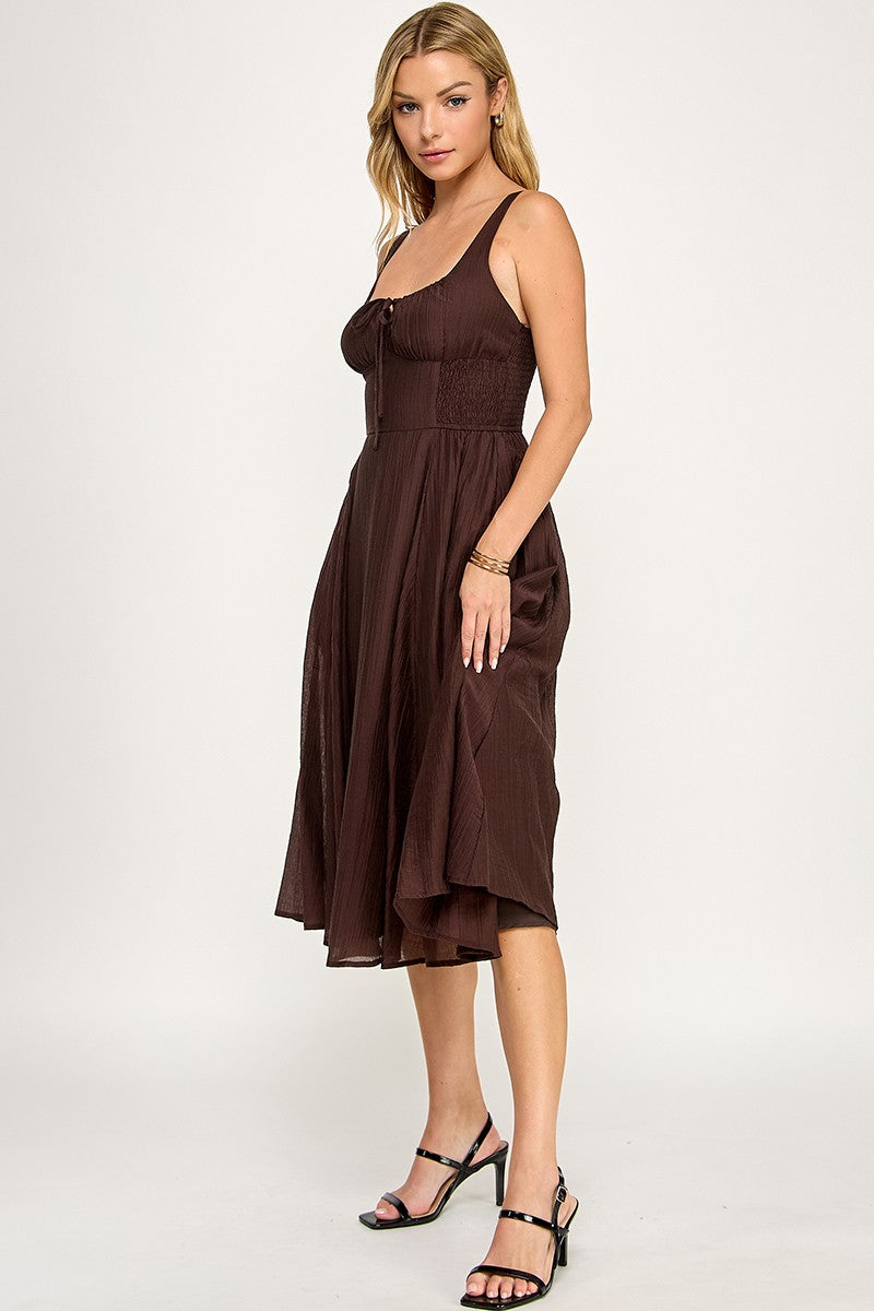 Brown Smocked Midi Dress