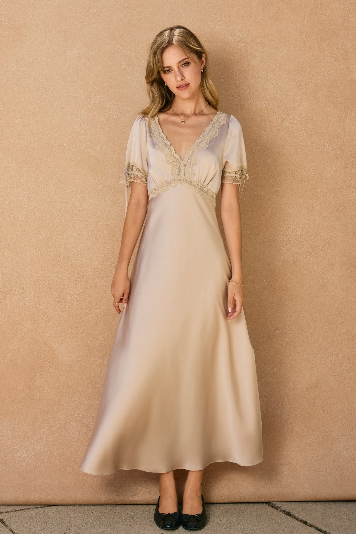 Champagne Satin Lace Trim Midi Dress