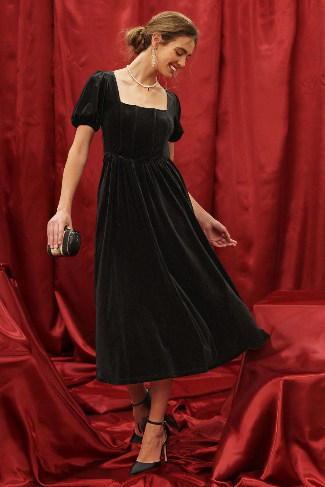 Black Velvet Corset Midi Dress