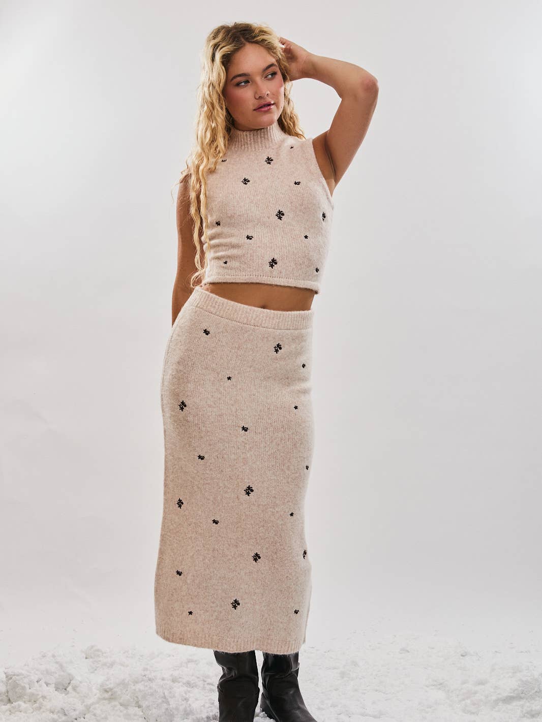 Mock Neck Sweater Embroidered Set