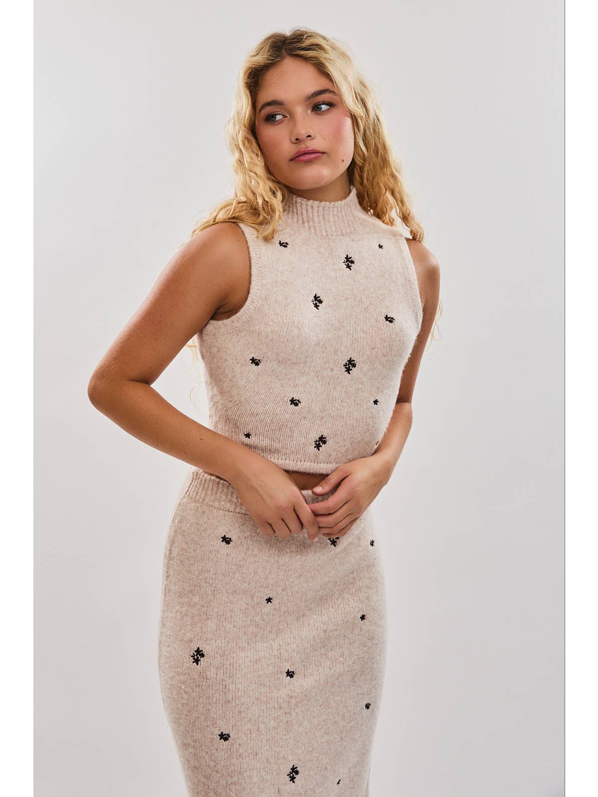 Mock Neck Sweater Embroidered Set